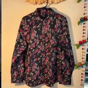 NWOT CHAPS RALPH LAUREN crisp, black floral, long sleeved, button-down, c